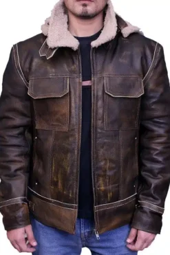 MEN AVIATOR LEATHER BOMBER JACKET WITH FUR HOOD