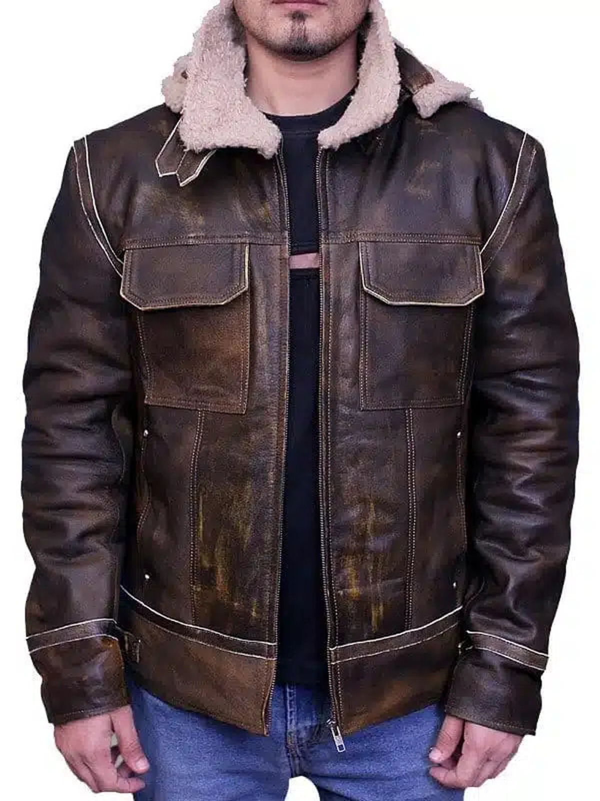 MEN AVIATOR LEATHER BOMBER JACKET WITH FUR HOOD