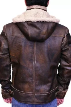 MEN AVIATOR LEATHER BOMBER JACKET WITH FUR HOOD