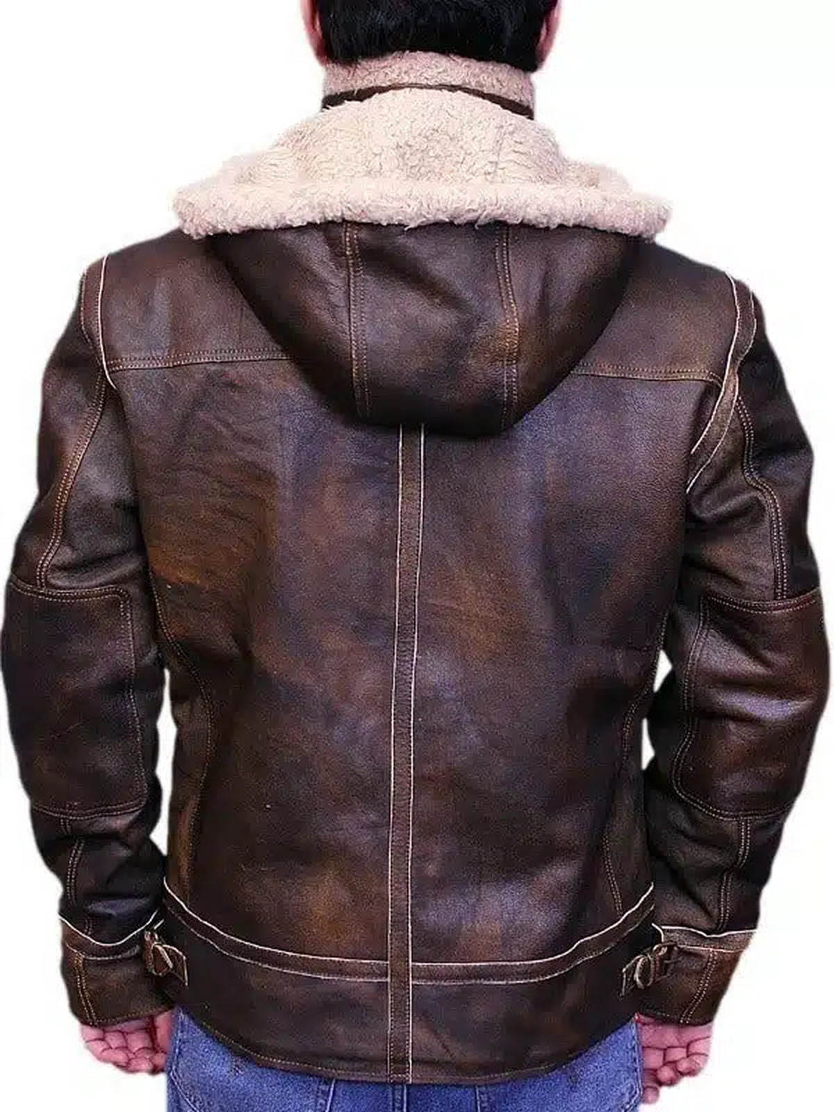 MEN AVIATOR LEATHER BOMBER JACKET WITH FUR HOOD