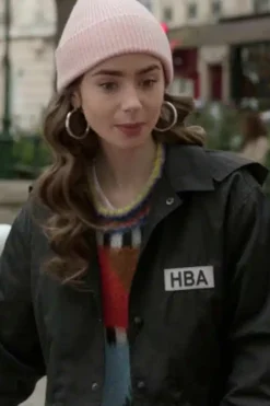 Lily Collins Emily In Paris HBA Logo Black Jacket
