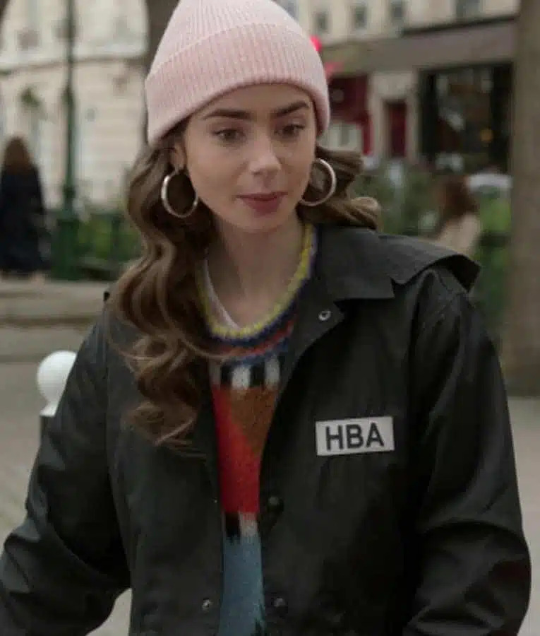 Lily Collins Emily In Paris HBA Logo Black Jacket