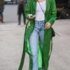 Hailey Bieber Green Leather Trench Coat