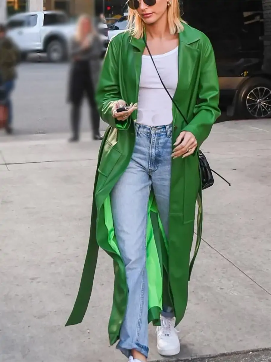 Hailey Bieber Green Leather Trench Coat