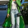 Hailey Bieber Green Leather Trench Coat