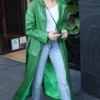 Hailey Bieber Green Leather Trench Coat