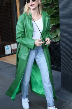 Hailey Bieber Green Leather Trench Coat