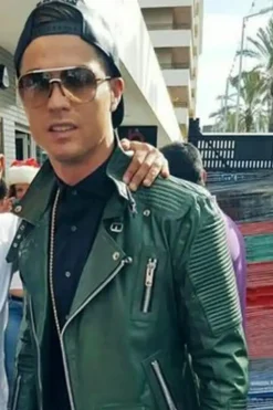 Cristiano Ronaldo Green Leather Biker Jacket