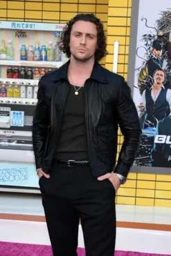 Bullet Train Premiere Aaron Taylor Johnson Black Leather Jacket