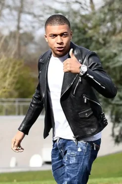 Kylian Mbappe Black Leather Biker Jacket
