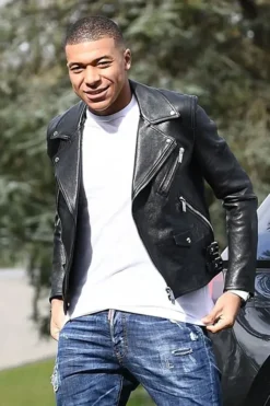 Kylian Mbappe Black Leather Biker Jacket