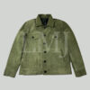 a green jacRyan Reynolds Suede Leather Jacketket with black buttons