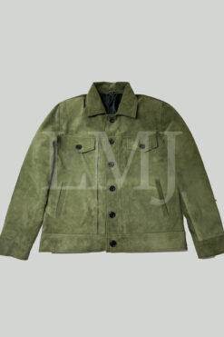 a green jacRyan Reynolds Suede Leather Jacketket with black buttons