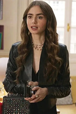 Emily In Paris Lily Collins Black Leather Jacket