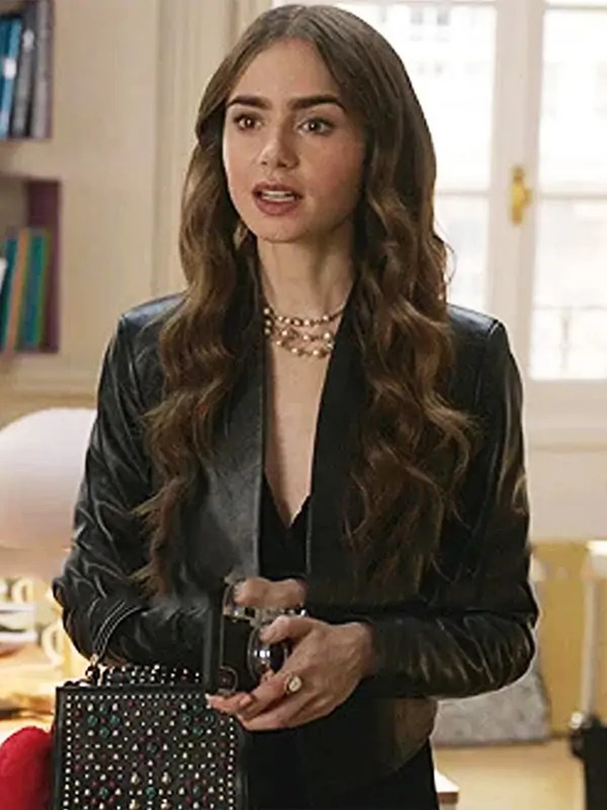 Emily In Paris Lily Collins Black Leather Jacket