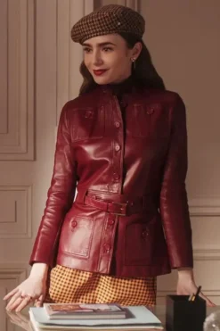 Emily In Paris S4 Lily Collins Maroon Leather Jacket