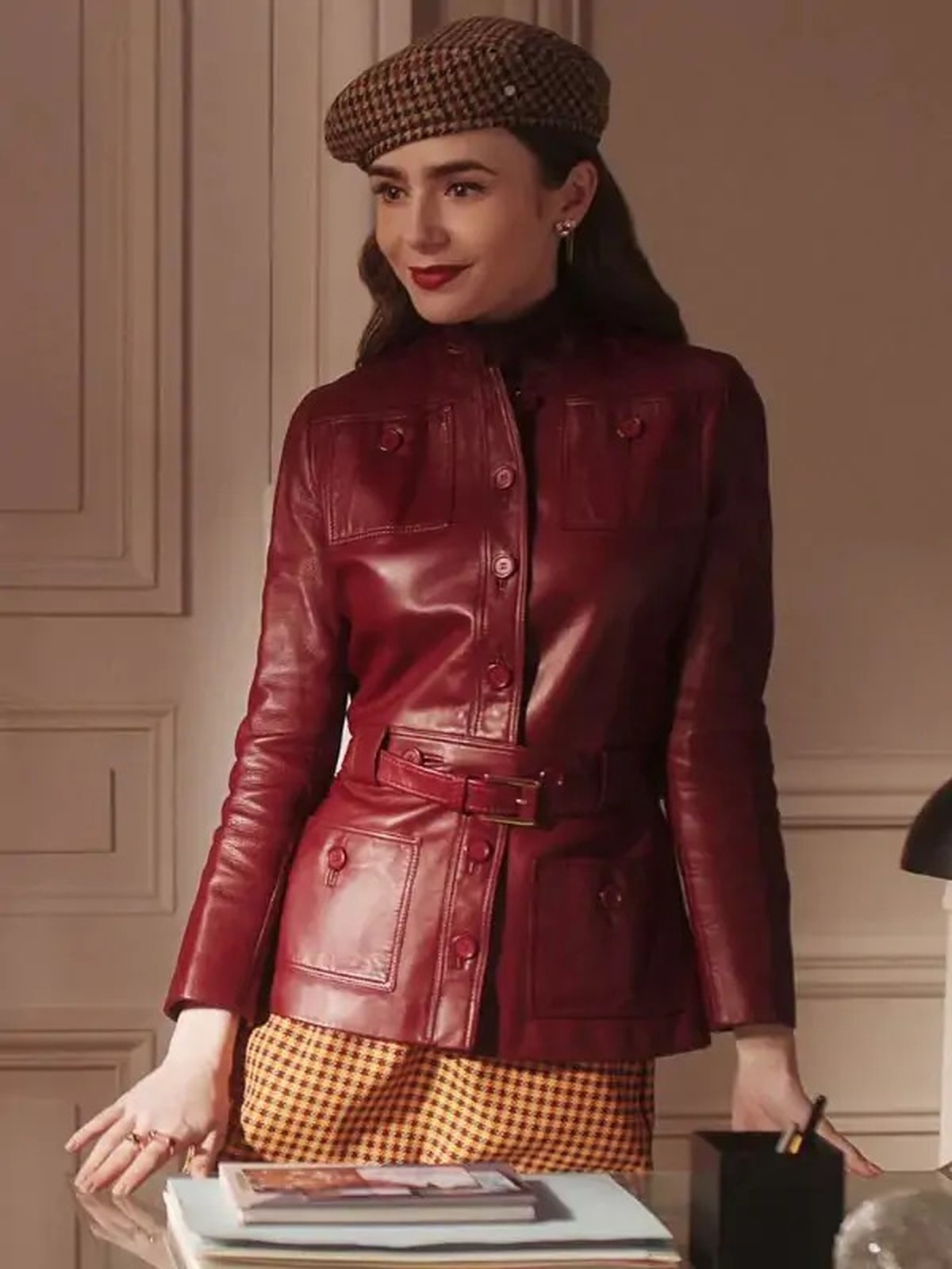 Emily In Paris S4 Lily Collins Maroon Leather Jacket