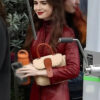 Emily In Paris S4 Lily Collins Maroon Leather Jacket