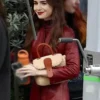 Emily In Paris S4 Lily Collins Maroon Leather Jacket