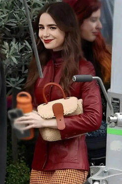 Emily In Paris S4 Lily Collins Maroon Leather Jacket
