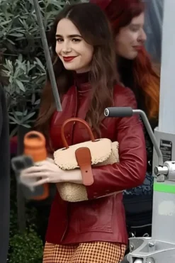 Emily In Paris S4 Lily Collins Maroon Leather Jacket