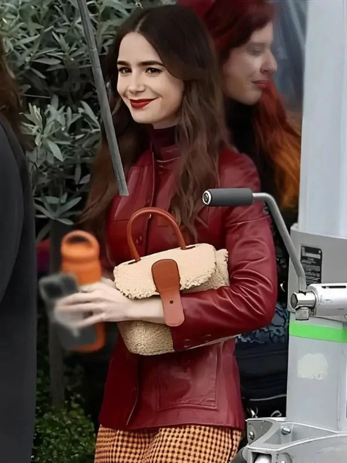 Emily In Paris S4 Lily Collins Maroon Leather Jacket