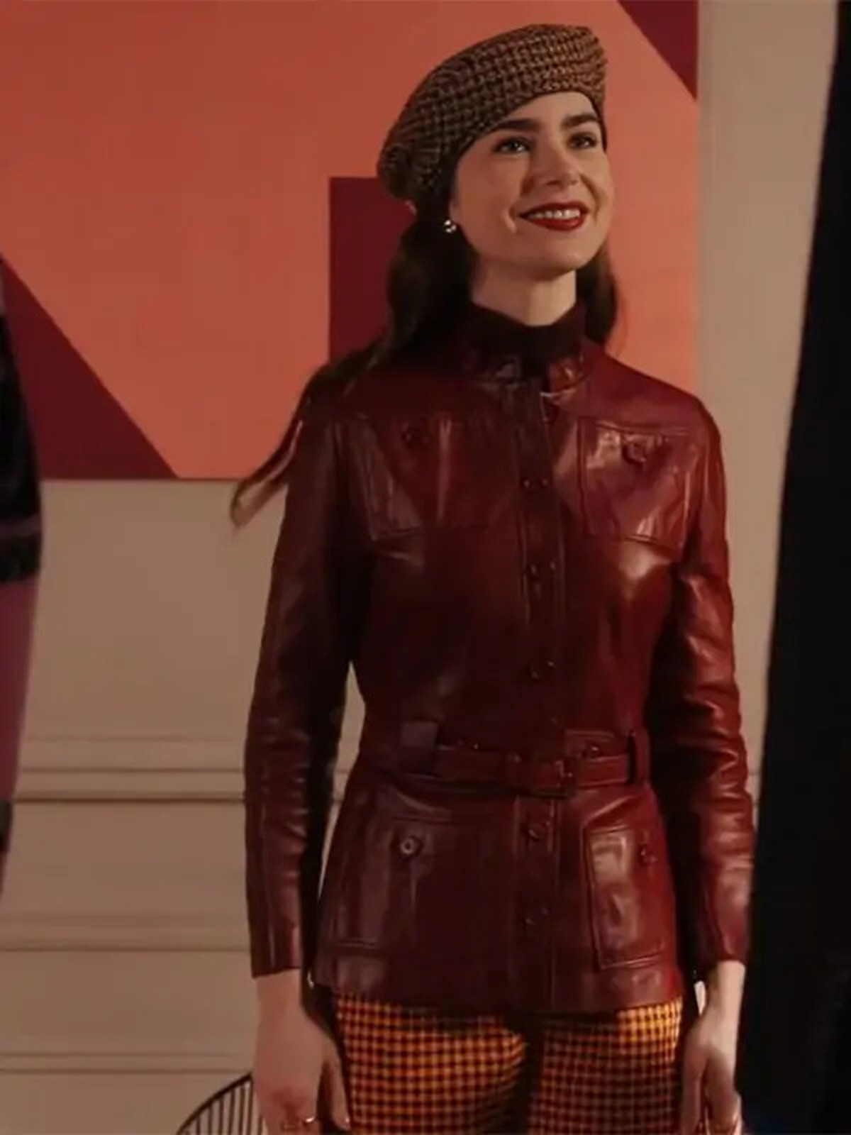 Emily In Paris S4 Lily Collins Maroon Leather Jacket