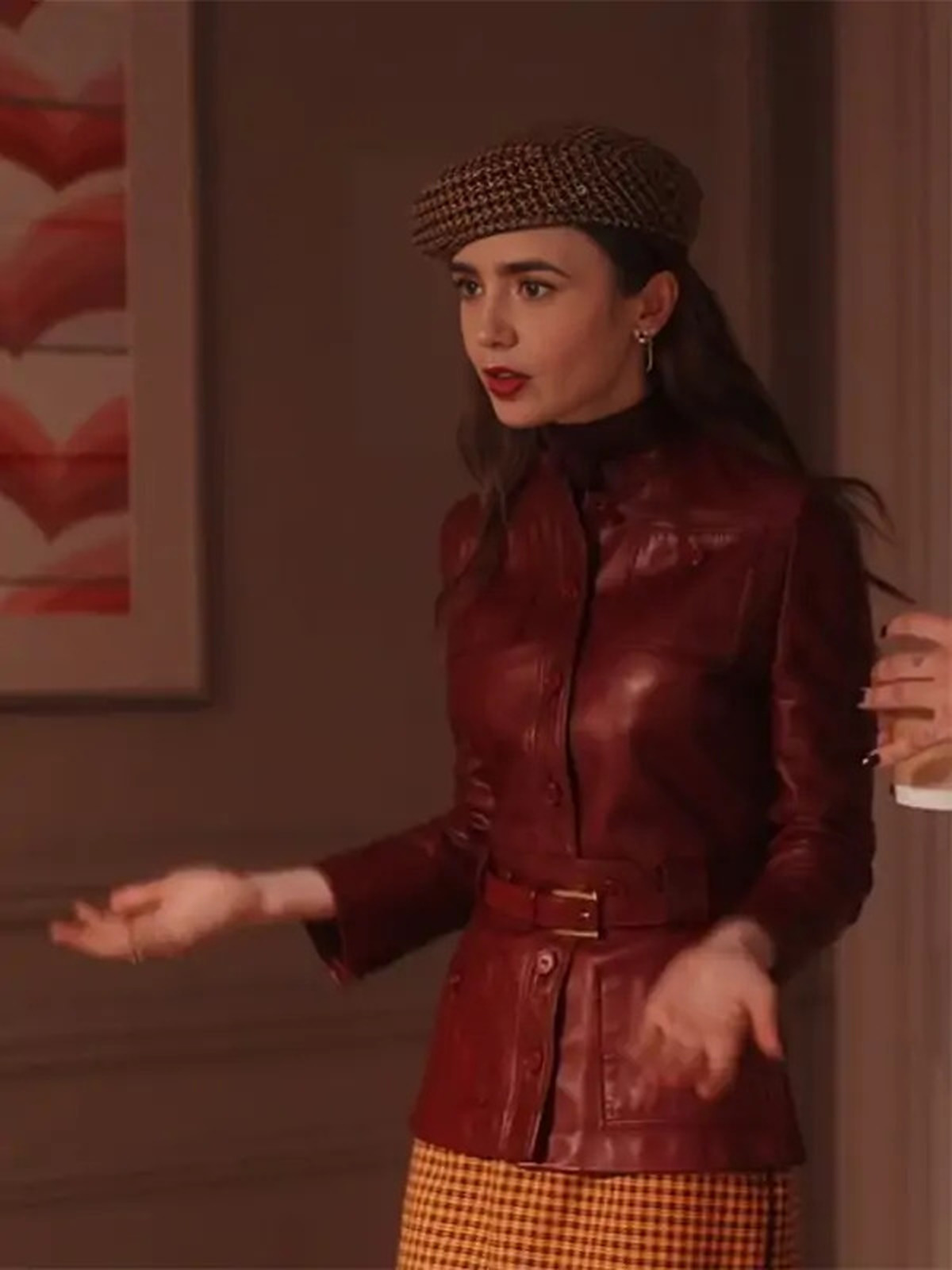 Emily In Paris S4 Lily Collins Maroon Leather Jacket