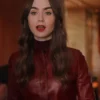 Emily In Paris S4 Lily Collins Maroon Leather Jacket