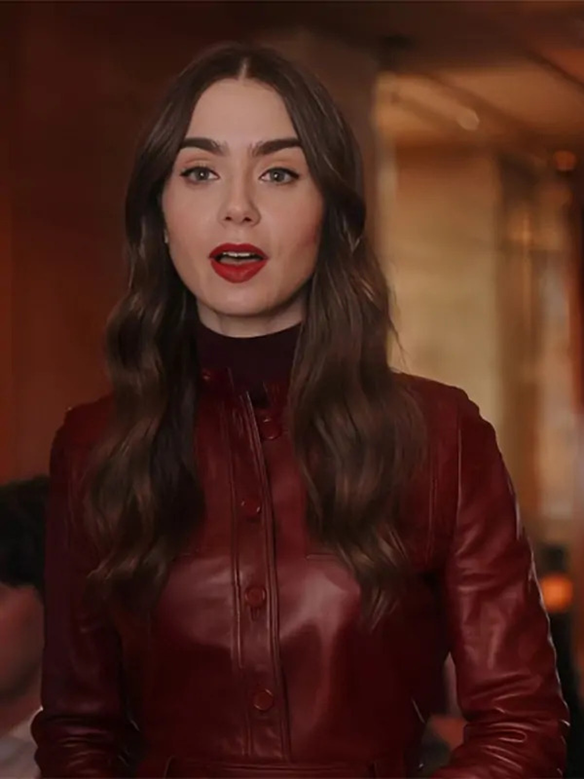 Emily In Paris S4 Lily Collins Maroon Leather Jacket