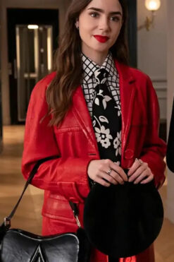 Emily In Paris S4 Lily Collins Red Leather Coat