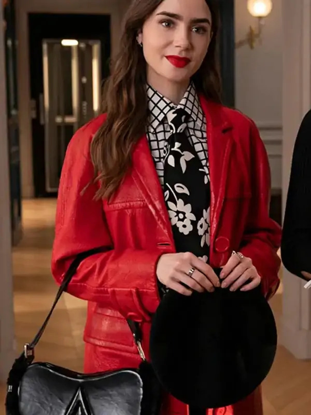 Emily In Paris S4 Lily Collins Red Leather Coat
