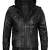 Kevin Hooded Black Leather Bomber Jacket