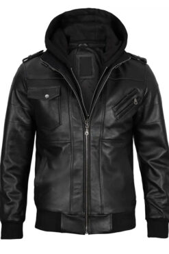 Kevin Hooded Black Leather Bomber Jacket