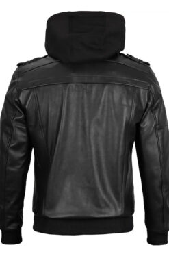 Kevin Hooded Black Leather Bomber Jacket