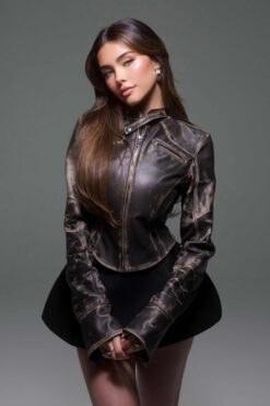 Madison Beer Brown Leather Biker Jacket
