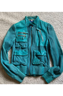 Megan Fox Turquoise Blue Leather Bomber Jacket