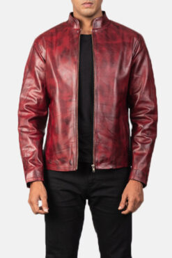 Men's Distressed Burgundy Leather Biker Jacket