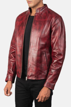 Men's Distressed Burgundy Leather Biker Jacket