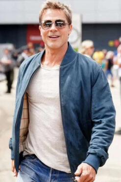 Brad Pitt F1 Blue Suede Leather Bomber Jacket