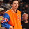 Timothée Chalamet Blue and Orange Chrome Hearts Varsity Jacket