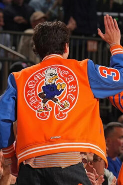 Timothée Chalamet Blue and Orange Chrome Hearts Varsity Jacket