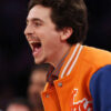 Timothée Chalamet Blue and Orange Chrome Hearts Varsity Jacket